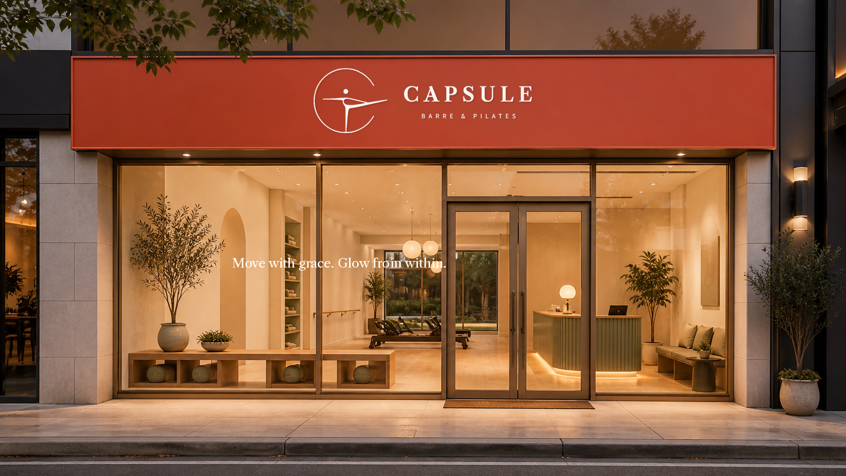 CAPSULE 복합 웰니스 매장 컨셉 — 원적외선 캡슐·바레·필라테스를 한 공간에